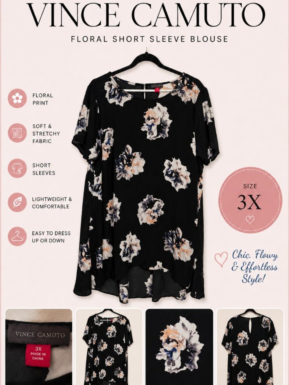 Vince Camuto Black Floral Blouse Size 3X | Short Sleeve High-Low Top